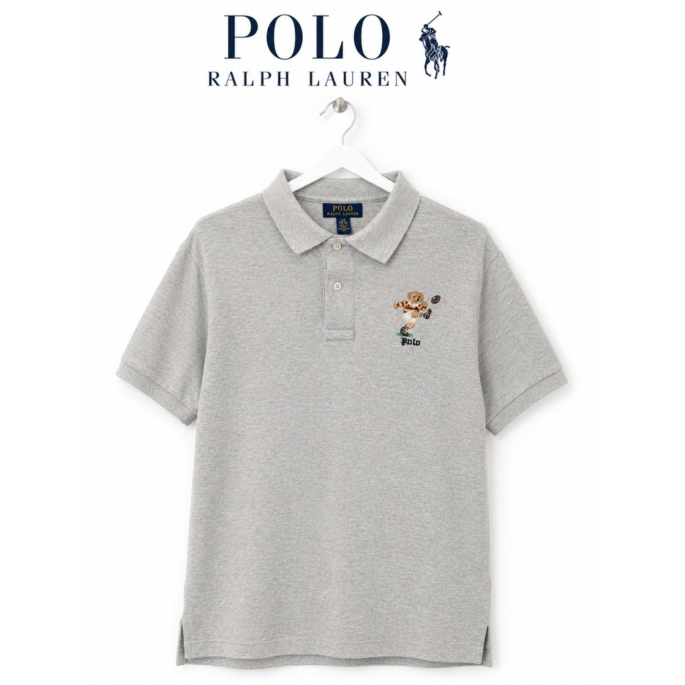 Polo Ralph Lauren Boys Polo Bear Rugby Football Polo Shirt Gray Size L 14-16